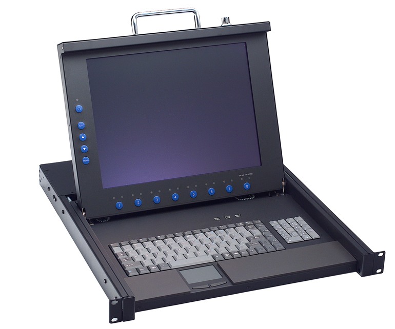 Выдвижной монитор TFT LCD 17" SXGA с закаленным защитным стеклом, клавиатура и тачпад на 8 компьютеров, 1U 19"